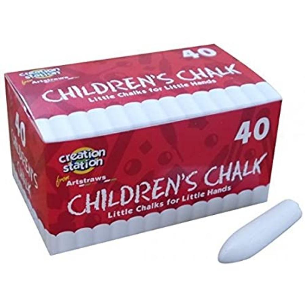 Creation Station Children's White Chalk 40 Pack, Introducing the Creation Station Children's White Chalks – the perfect artistic companion for your young ones! Designed to be long-lasting and sturdy, these chalks are specifically crafted for younger children, ensuring a smooth and enjoyable drawing experience.Thanks to their easy-to-grip form, your little artists will have no trouble holding and maneuvering these chalks on paper or blackboards. And the best part? Our special formula guarantees vibrant color