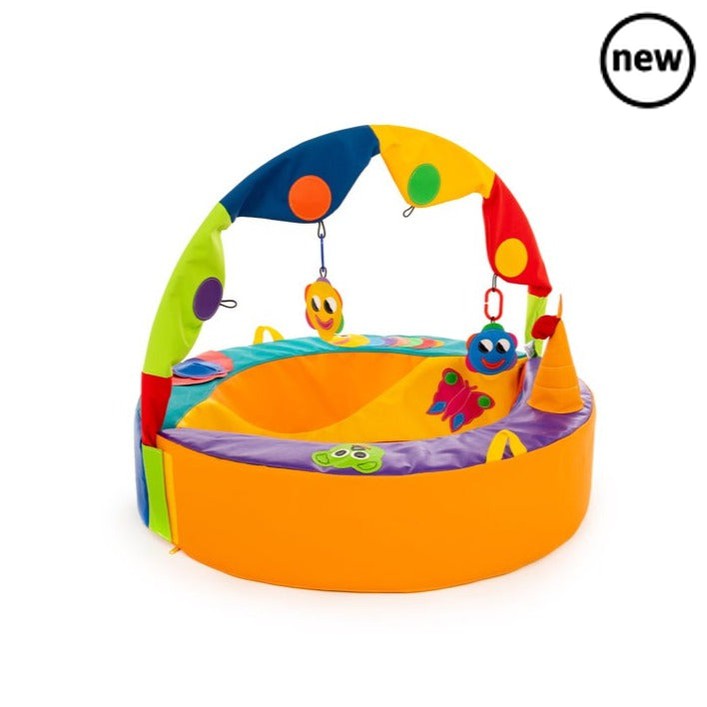 Crescent Ring Single Set, The Crescent Ring Single Set with activity arch is top of the range and designed to create a real impact with nursery staff, babies and their mothers. The Crescent Ring with Activity Arch is superbly designed to help with early development. It surrounds a young baby with tactile, visual and sound stimulation, encouraging them to take notice and explore their surroundings. The soft foam walls offer interest and support to aid first sitting up. The addition of an arch creates a new d