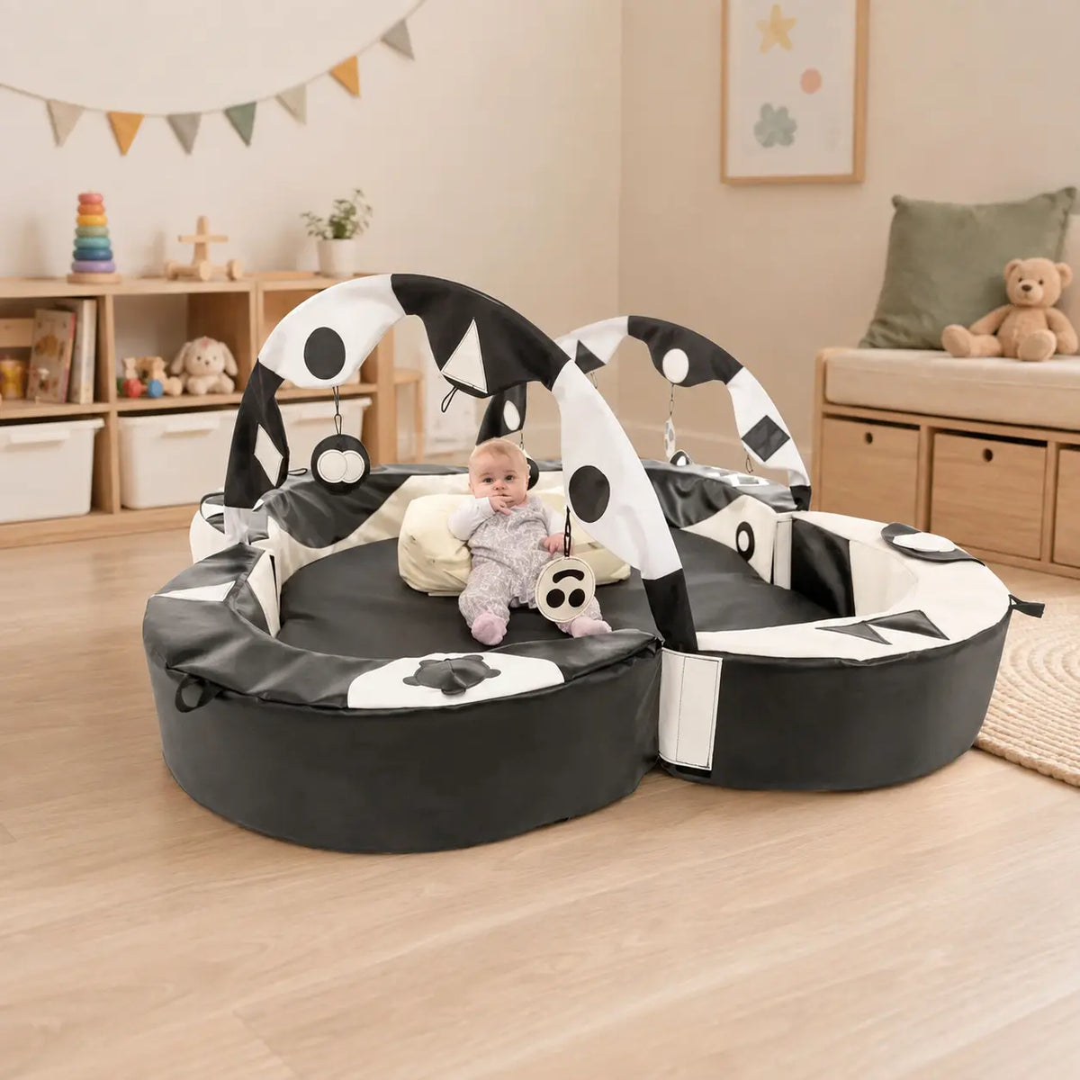 Crescent Ring Super Set Black and White with baby in home playroom
