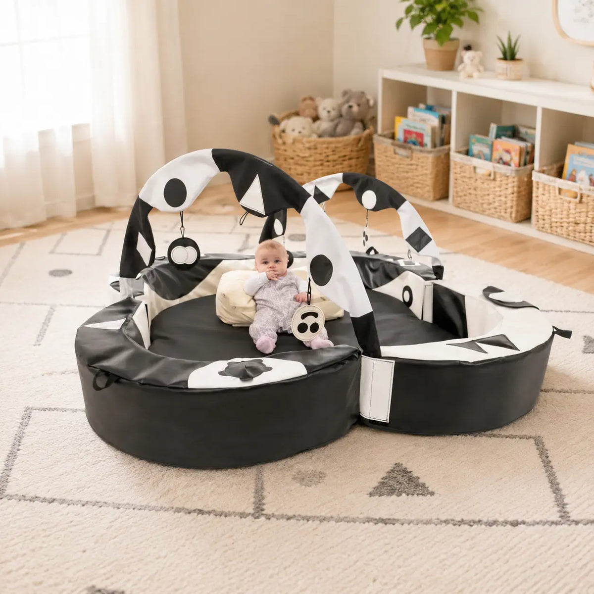 Crescent Ring Super Set Black and White with baby in bright nursery