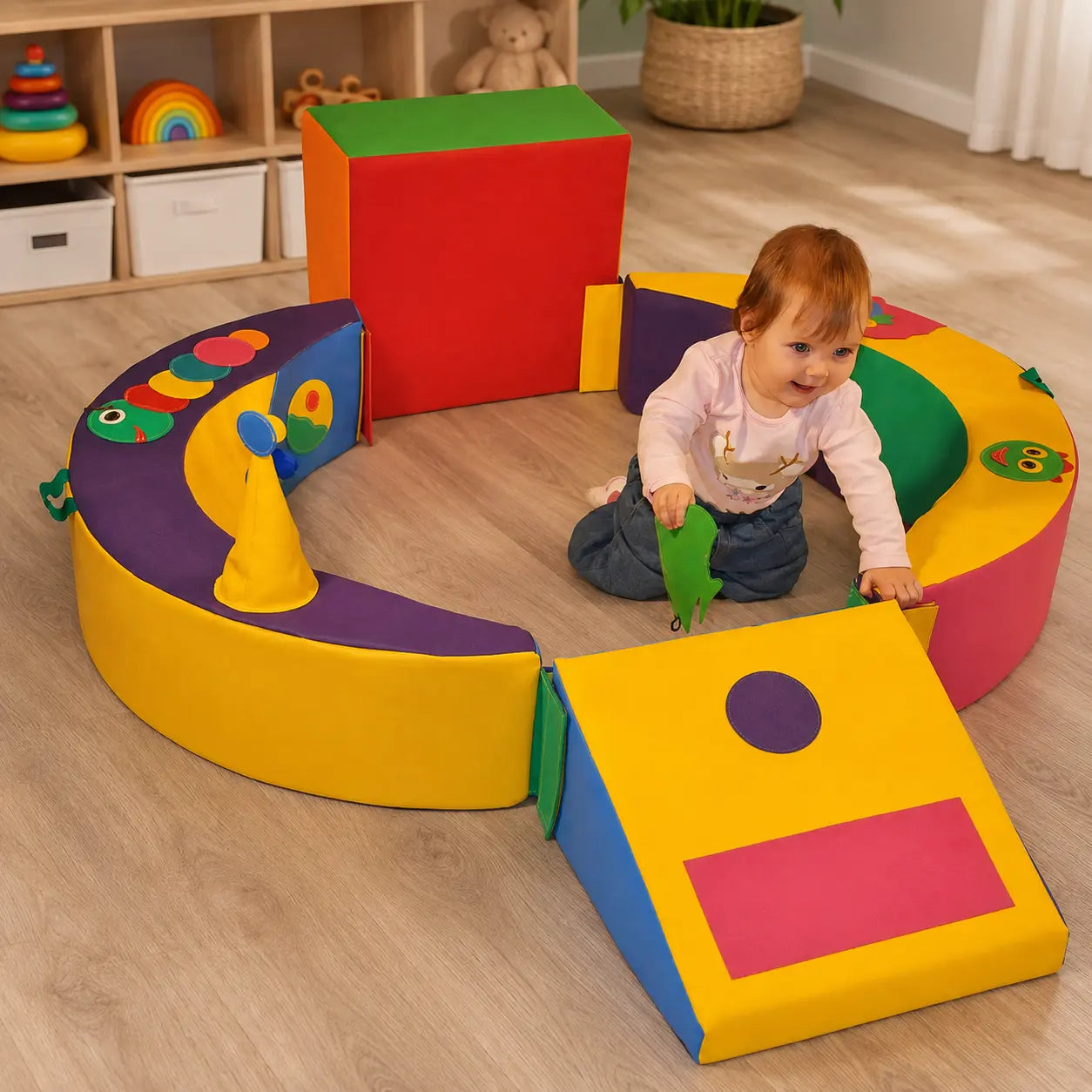 Crescent Ring Trio Exploration Set with toddler in home playroom