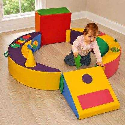 Crescent Ring Trio Exploration Set with toddler in nursery window corner