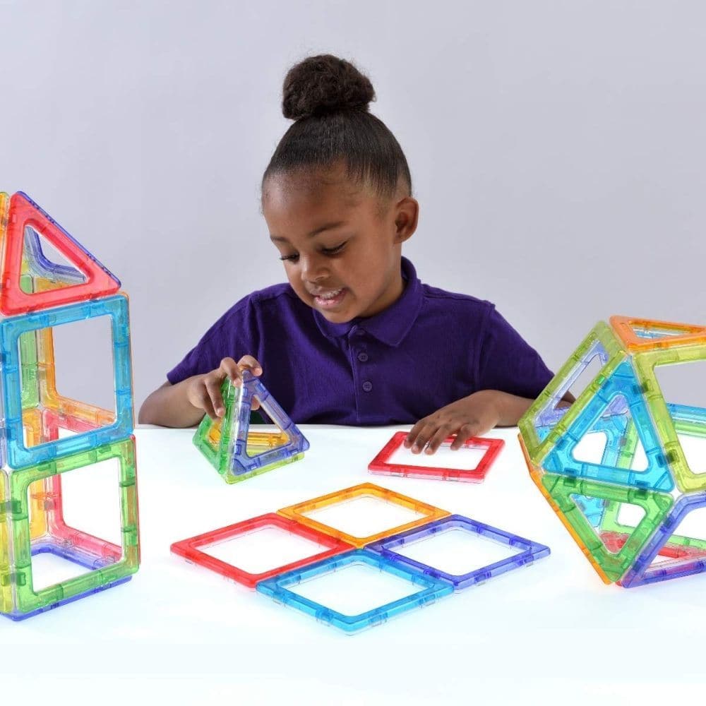 Crystal Megamag Polydron 36pcs, Introduce a touch of elegance and wonder to geometry exploration with the Crystal Megamag Polydron 36pcs set. Specifically designed for small groups or individual students, this set allows for the creation of both 2D and 3D shapes using magnetic pieces that shine brilliantly on a light table or against a light source.The set includes 20 squares and 16 triangles, providing enough pieces to build a variety of shapes and structures. With the Crystal Megamag, students are not onl