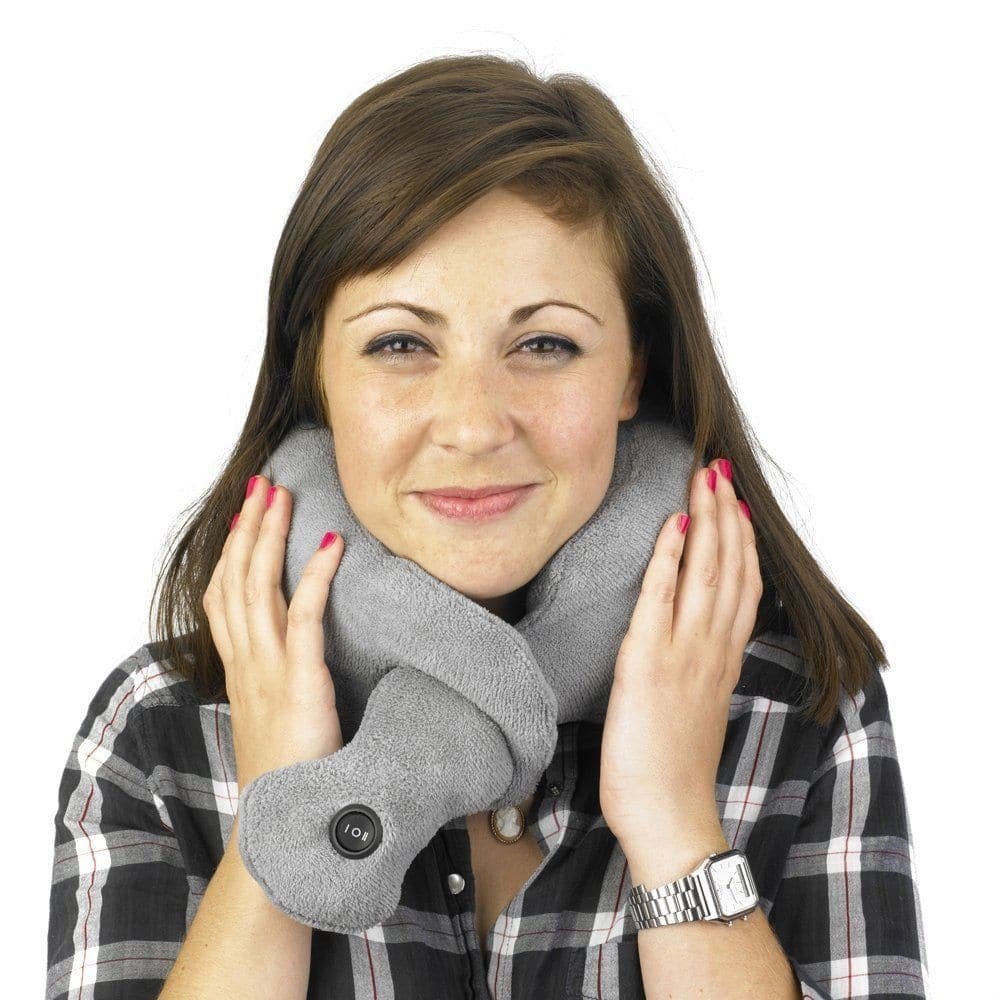 Cushtie Vibrohug Massage Hugger, The Vibrohug is a comfortable and adjustable massager that wraps around the neck to provide relaxing vibrations. The plush and soft fabric cradles the neck to help alleviate neck discomfort, strained muscles, and stiff joints. The innovative design tucks into itself, so the user doesn't have to worry about holding it in position. When it's all just a bit too much the Vibrohug has a soft consistency, so just hold tight and wait for its gentle vibrations to sooth and relax you
