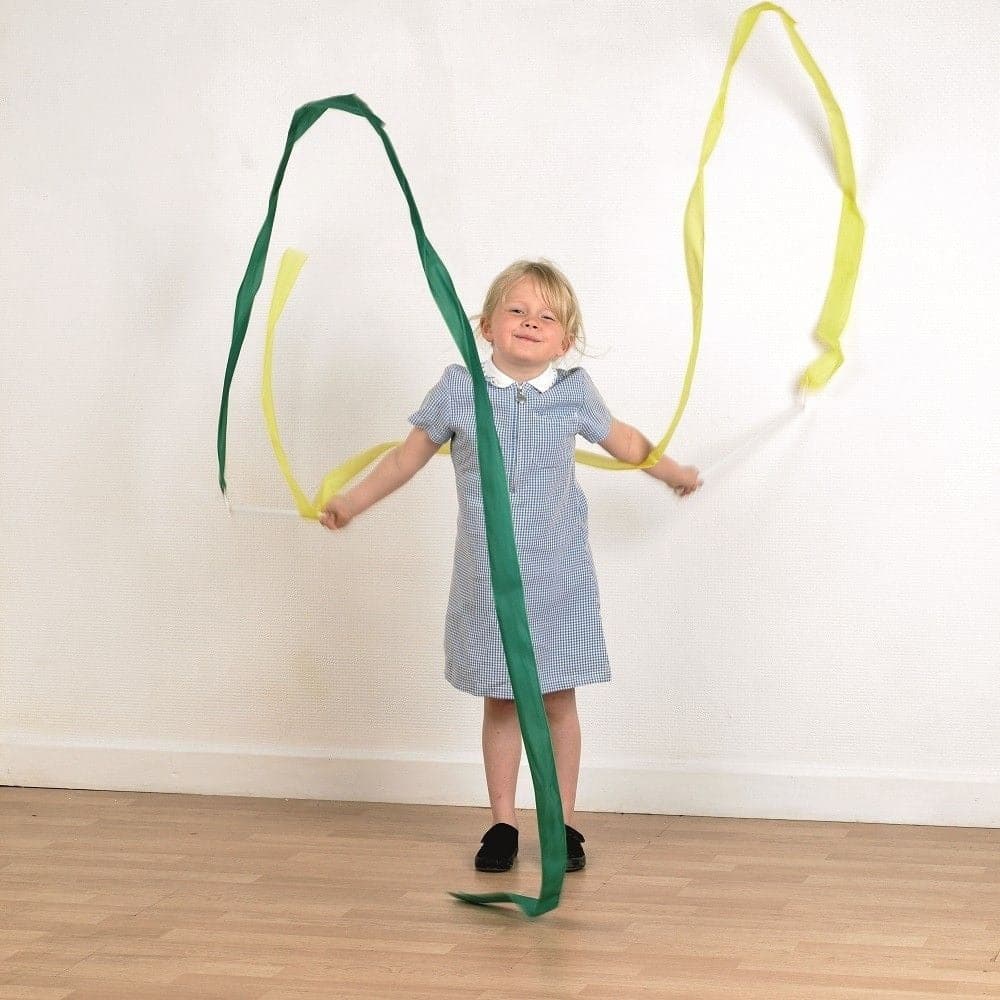 Dancing Ribbons Pack of 6, The Dancing Ribbons - Pk6 are a great way to develop gross motor skills and to encourage creative movements, and twists and turns to create enormous loops of swirling colours. The whirling sound created by the fabric tail adds to the spectacle. The Dancing Ribbons Pack of 6 provide absorbing entertainment for children, whether watching the action or playing with it themselves. The Dancing Ribbons Pack of 6 supports the following areas of learning: Physical Development - motor skil