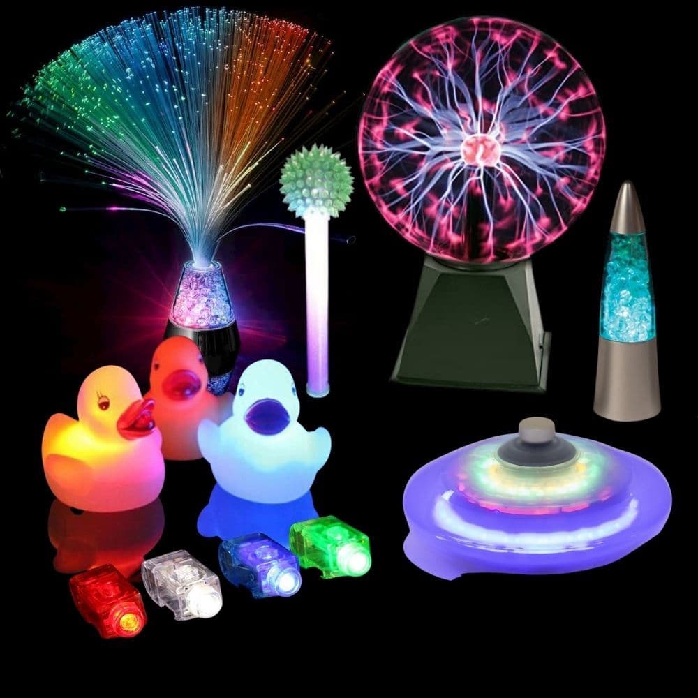 Dark den accessory kit 8, The Dark den accessory kit 8 is the perfect companion to black out sensory dens or other dark area. This Dark Den kit includes an exciting mix of lights for children to explore and touch like the plasma ball and textured bouncing light up ball. The lamps and light up accessories create a magical den space Fibre optic lamp Plasma Ball Shake and Shine Lamp Light up ball baton Light spinner 4 x light up fingers 3 x light up rubber ducks Occasionally items maybe subbed for a item of a 