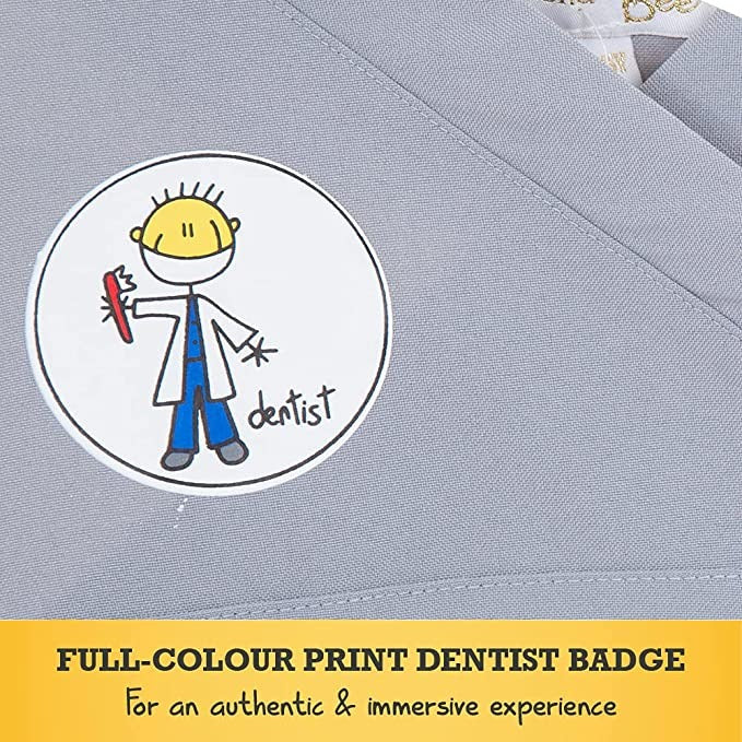 Dentist fancy dress - 5-7 years, This Children's Dentist Costume with Authentic Prints is Ideal for People Who Help Us Role Play and Educational Learning. If your child dreams of one day being a Dentist, this high quality costume from Pretend to Bee is a great way from them to play at it. The 3 piece costume comprises a tunic top with Dentist print logo and pocket, matching trousers with elasticated waist and a face mask. The outfit has everything your child needs to play the part f a young dentist ready to