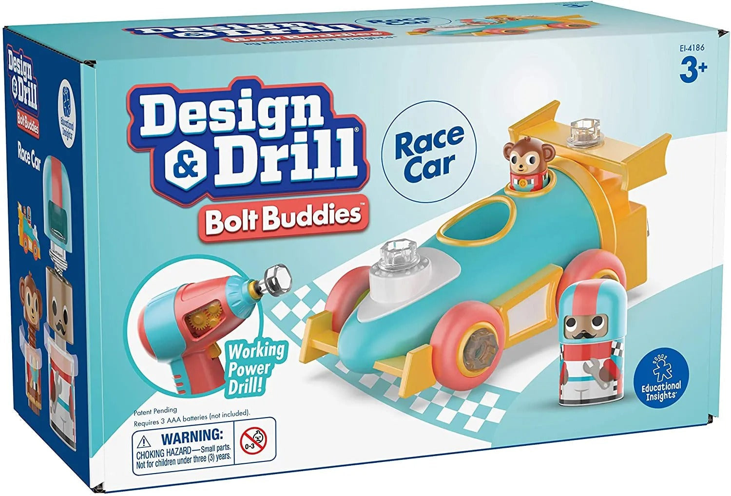 Design & Drill Bolt Buddies Race Car, Zoom off to drilling fun with Design & Drill Bolt Buddies® Race Car toy. Use the real-working drill to build your own race car and add the Race Car Driver Buddy to the driver’s seat for a thrilling drilling race to the finish line. Pull into the pit stop and get drilling. Plus, the box converts into a reusable playset! Turn it inside out for your own racetrack stadium.. This race car construction set is ideal for pre-schoolers fascinated with racing and construction. Sn