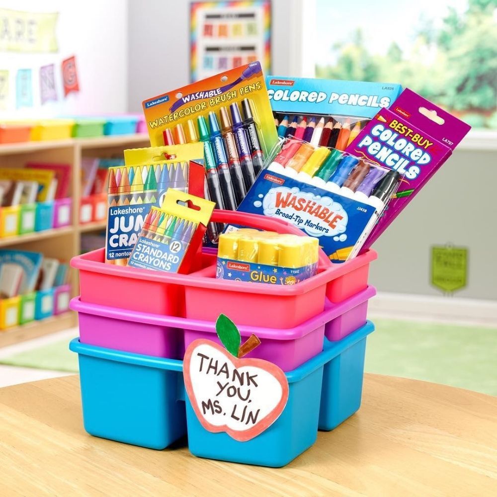 Desk Top Storage Caddies, Keep creative resources tidy, organised and easily accessible using these colourful Desk Top Storage Caddies. The robust design of the Desk Top Storage Caddies features divided storage sections and a comfortable carry handle perfect for little hands. The Desk Top Storage Caddies are Ideal for transportation between the indoor and outdoor classroom. Portable, robust, easy to clean, ideal for storing messy, creative resources. Nesting design supplied in 5 colours,supplied at random.,