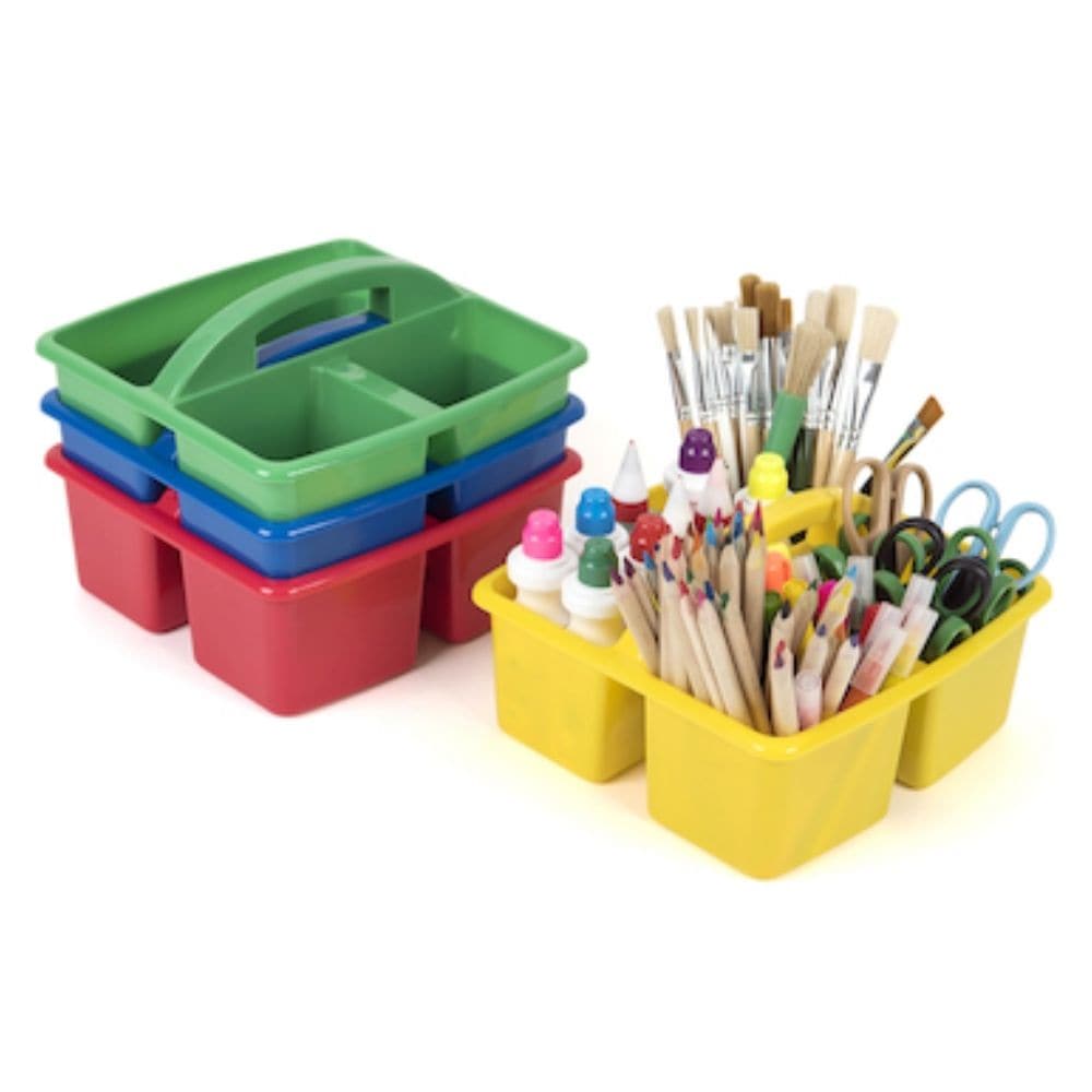 Desk Top Storage Caddies, Keep creative resources tidy, organised and easily accessible using these colourful Desk Top Storage Caddies. The robust design of the Desk Top Storage Caddies features divided storage sections and a comfortable carry handle perfect for little hands. The Desk Top Storage Caddies are Ideal for transportation between the indoor and outdoor classroom. Portable, robust, easy to clean, ideal for storing messy, creative resources. Nesting design supplied in 5 colours,supplied at random.,