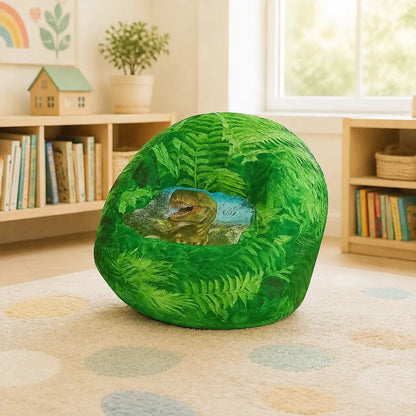 Dimetrodon Beany Chair with green fern and dinosaur print, lifestyle view 3