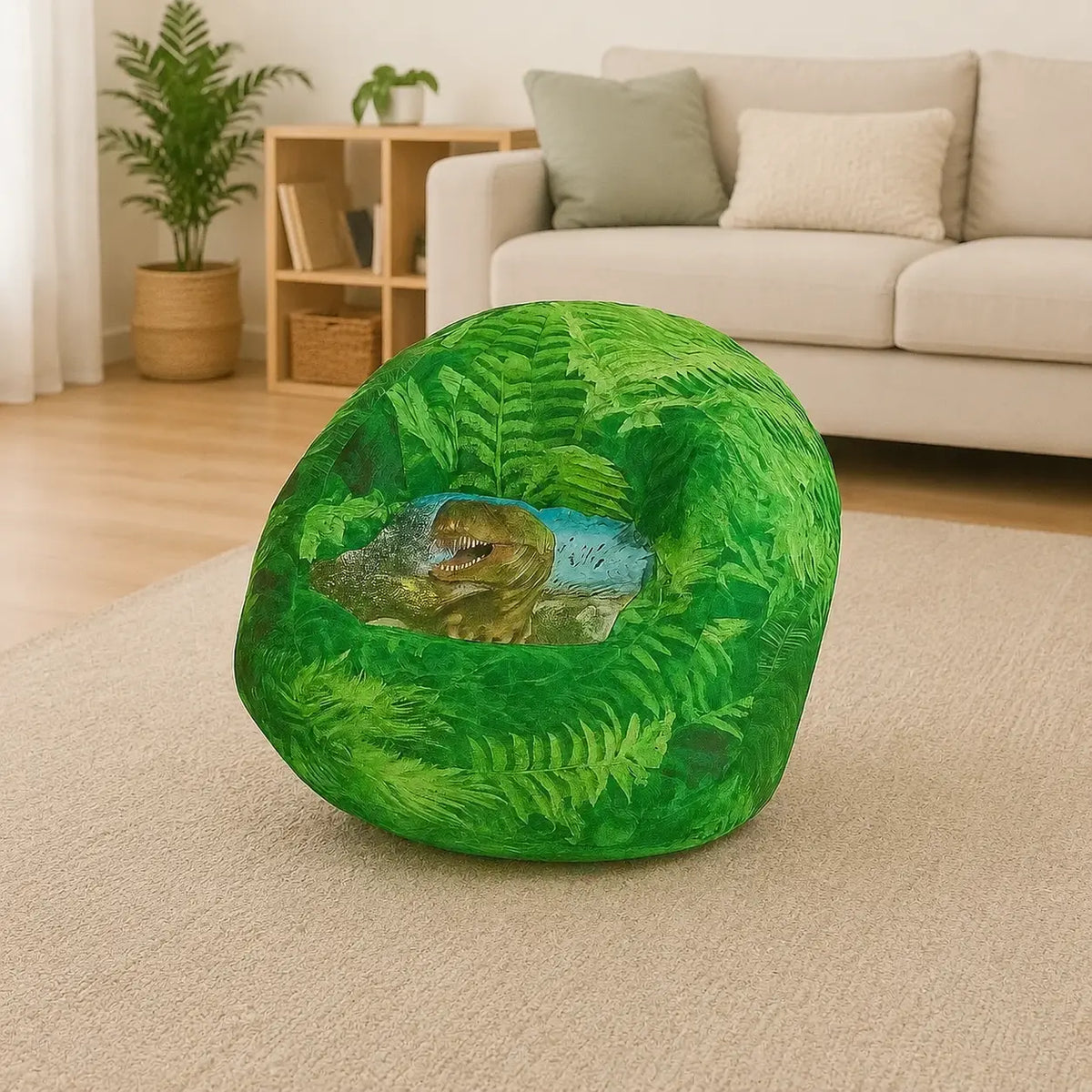 Dimetrodon Beany Chair with green fern and dinosaur print, lifestyle view 4