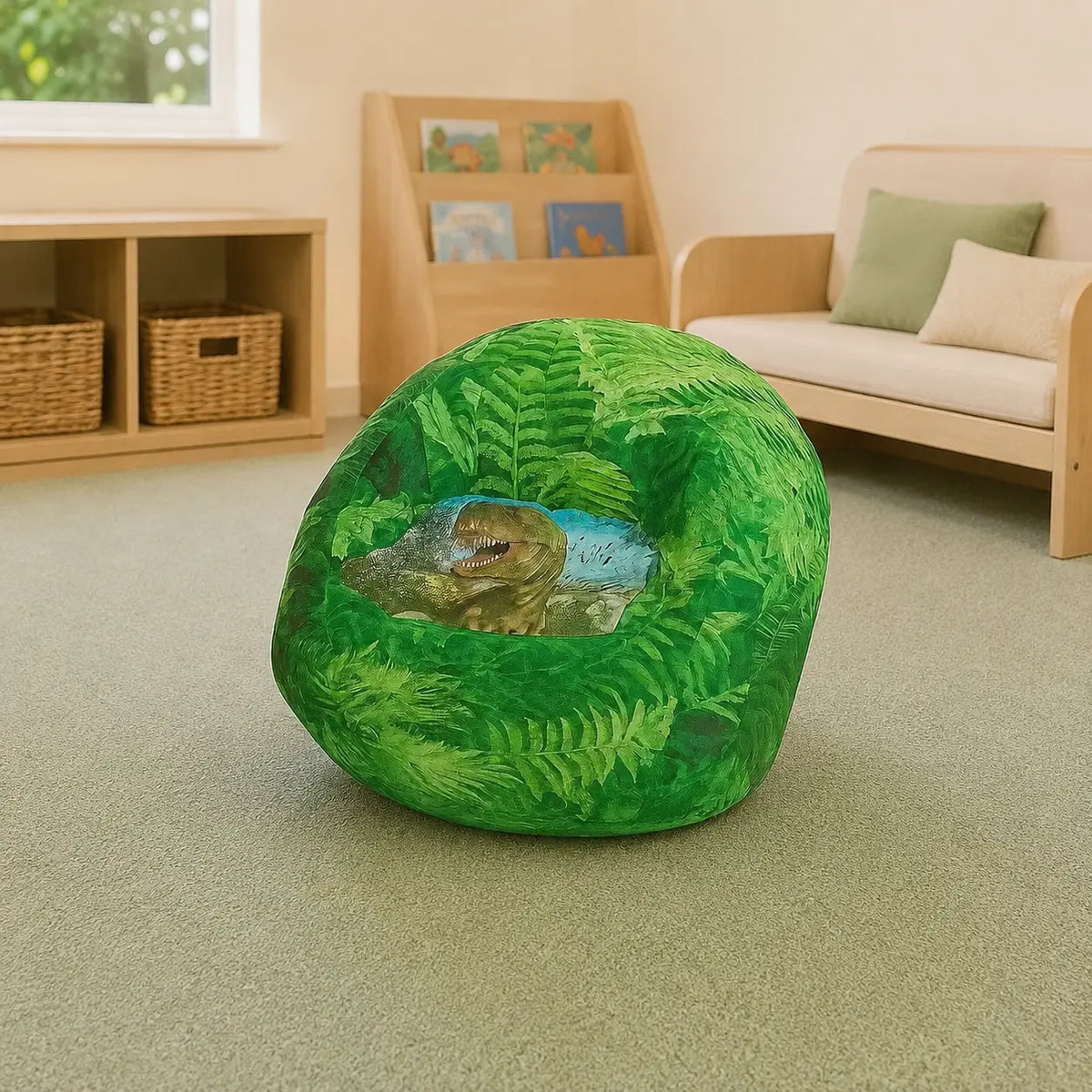 Dimetrodon Beany Chair with green fern and dinosaur print, lifestyle view 6