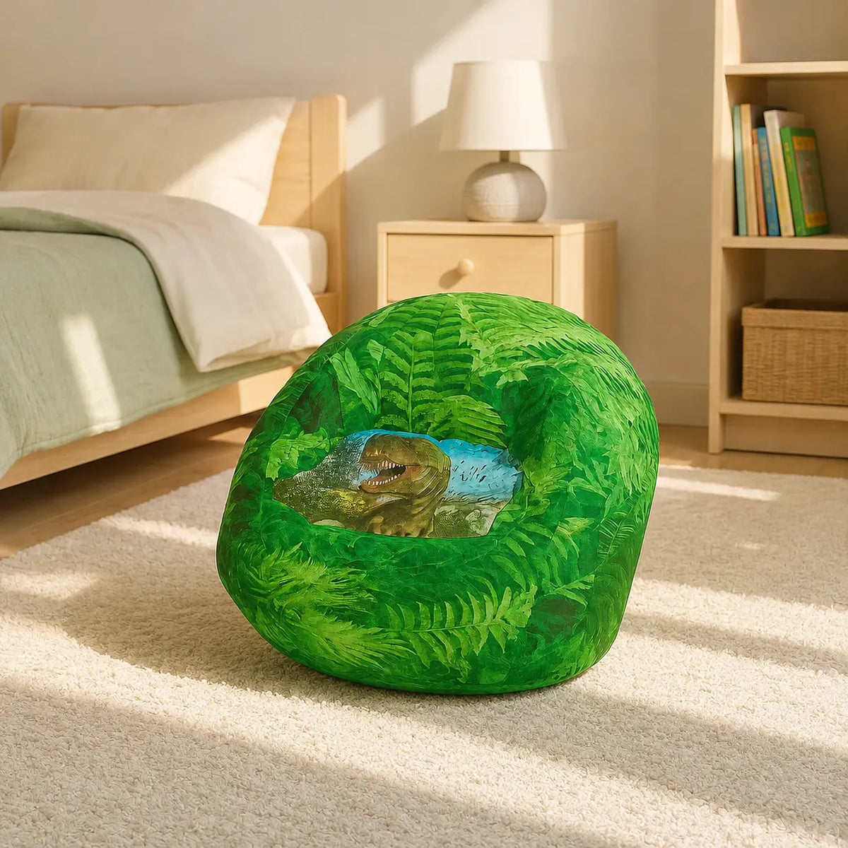 Dimetrodon Beany Chair with green fern and dinosaur print, lifestyle view 7