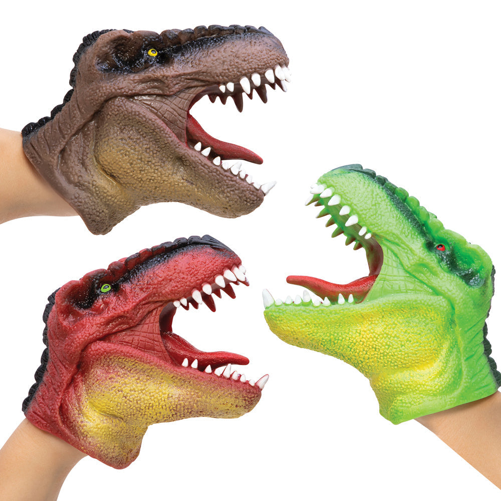 Dinosaur Hand Puppet, Put on your very own roar-some puppet show with Schylling’s Dinosaur Hand Puppets. Made from quality non-toxic rubber, there are three varieties (green, red and brown) of Tyrannosaurus Rex puppets available. One dinosaur hand puppet included - comes in one of three assorted styles as above, sent randomly. These unique Dinosaur Hand Puppets for kids are the perfect gift for young dinosaur lovers. They’re even handy for teachers to have in the classroom to teach lessons about the Jurassi