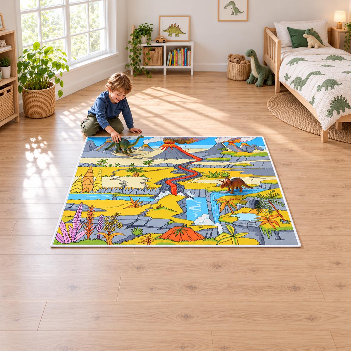 Dinosaur Landscape Playmat 1.5m x 1m showing children playing with separate dinosaur figures in an early years play area