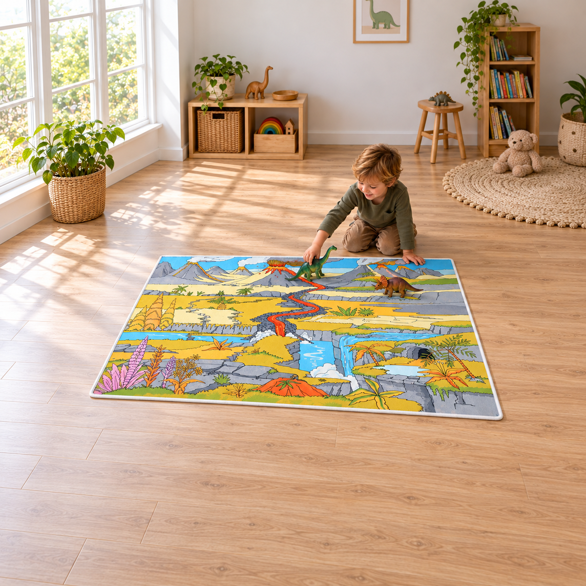 Dinosaur Landscape Playmat 1.5m x 1m showing children playing with separate dinosaur figures in an early years play area
