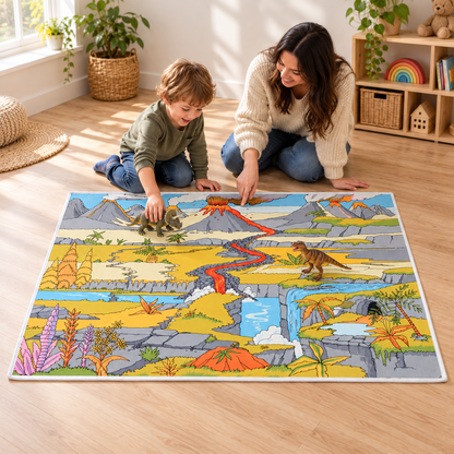 Dinosaur Landscape Playmat 1.5m x 1m showing a child and adult discussing the printed volcano in an early years play area