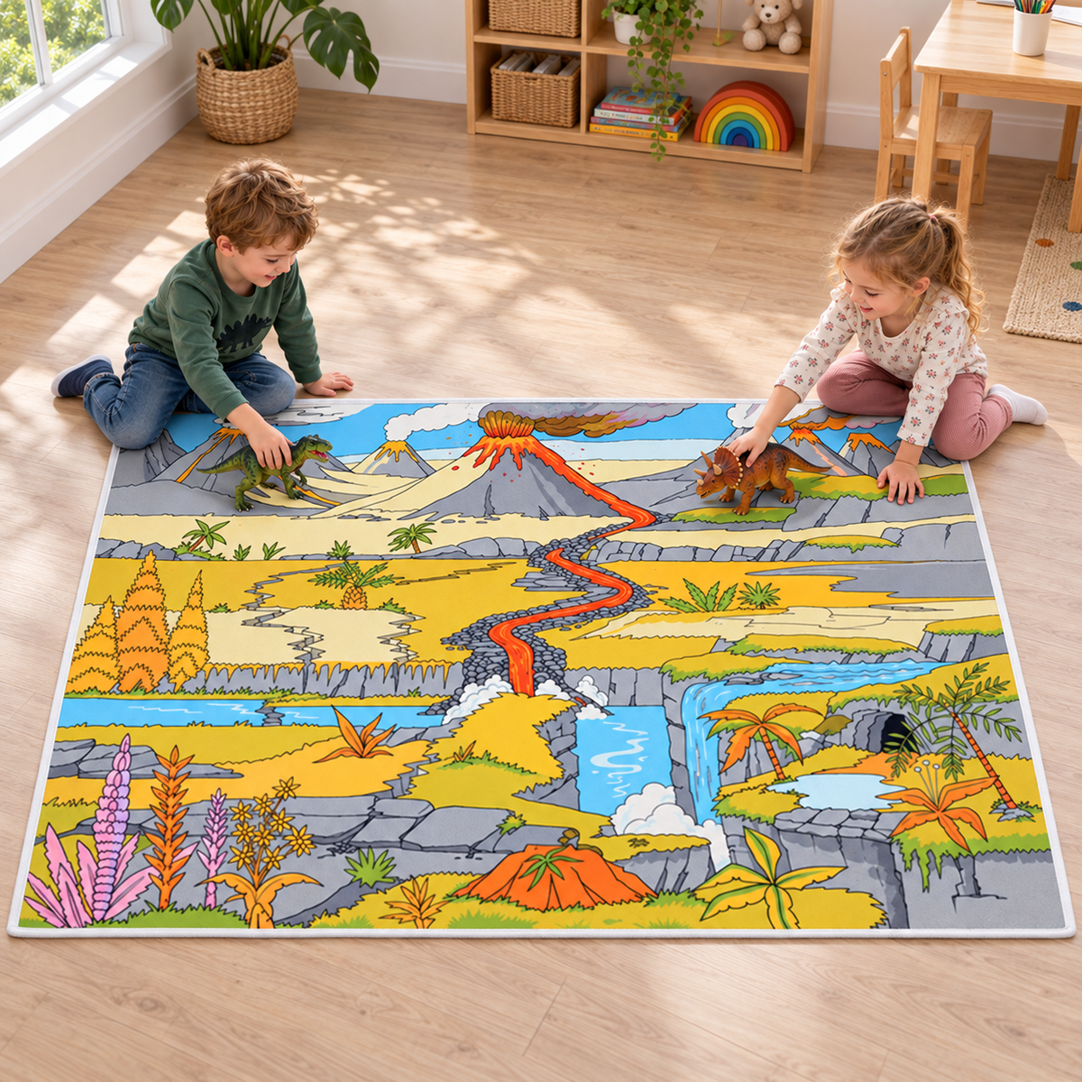 Dinosaur Landscape Playmat 1.5m x 1m showing children playing with separate dinosaur figures in an early years play area