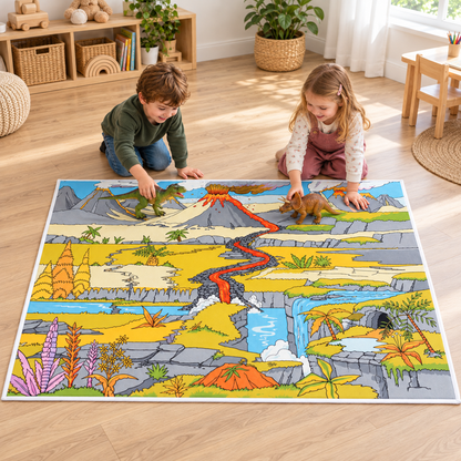 Dinosaur Landscape Playmat 1.5m x 1m showing children playing with separate dinosaur figures in an early years play area