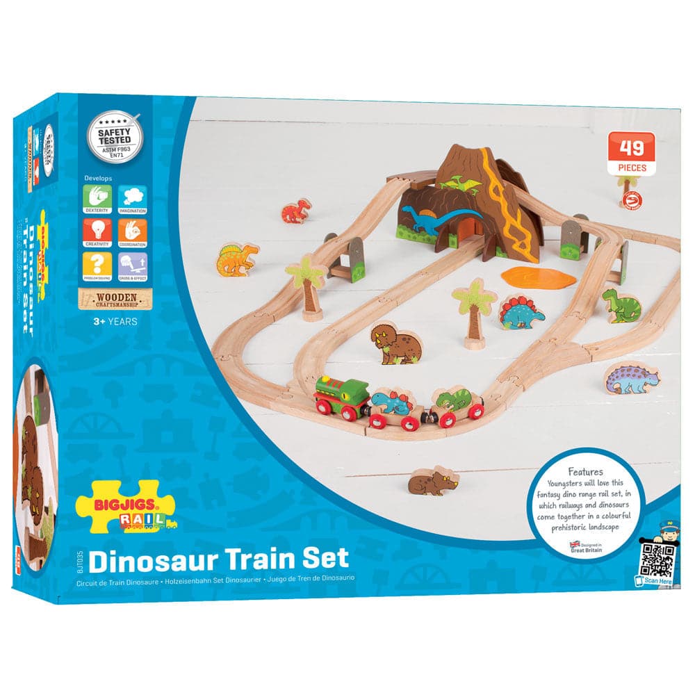 Dinosaur Railway Set, Go on your own Jurassic adventure with our Dinosaur Train Set. Watch as the wooden railway and dinosaurs come together in a colourful, prehistoric landscape. This 49 piece wooden train set includes high-quality wooden train tracks, a dinosaur railway engine and two carriages, volcano tunnels, a group of wooden dinosaurs and trees. This Dinosaur Railway Set is a great way to encourage creative and narrative thinking, hand-eye coordination, imagination and coordination, develops fine mot