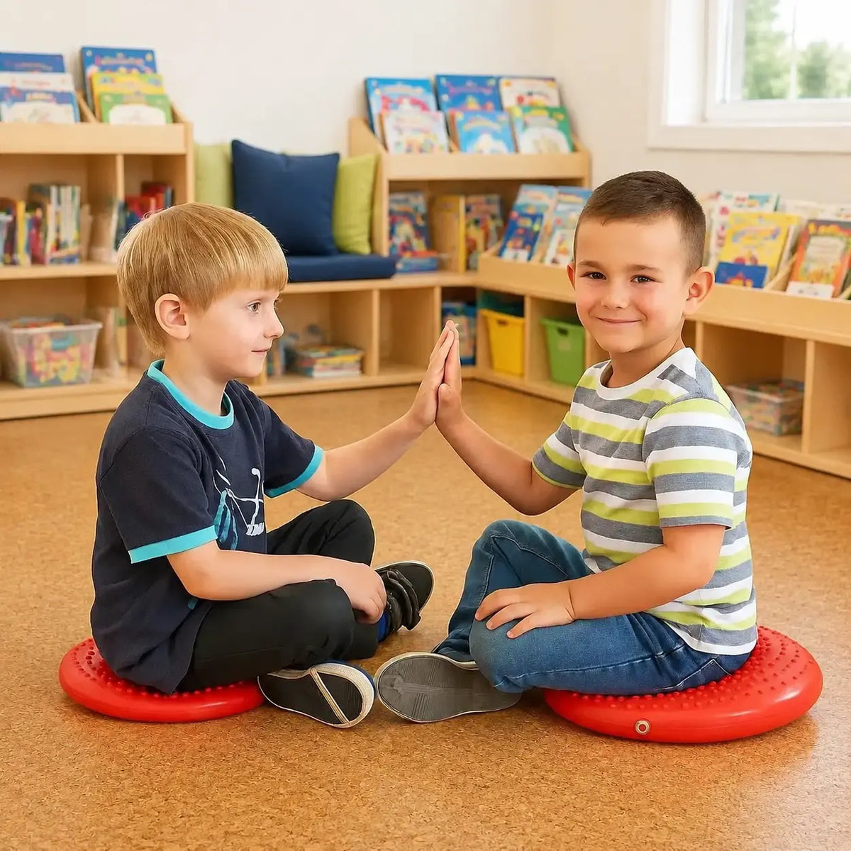 Disc O Sit Junior red inflatable seating cushions used by two children in a school reading corner