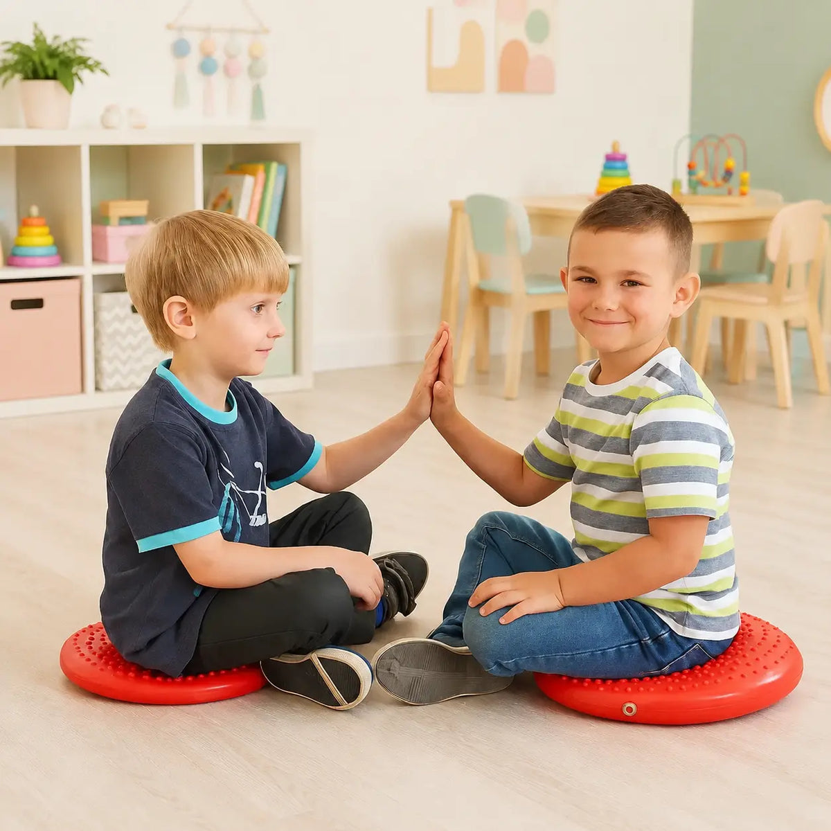 Disc O Sit Junior red inflatable seating cushions used by two children in a nursery activity room