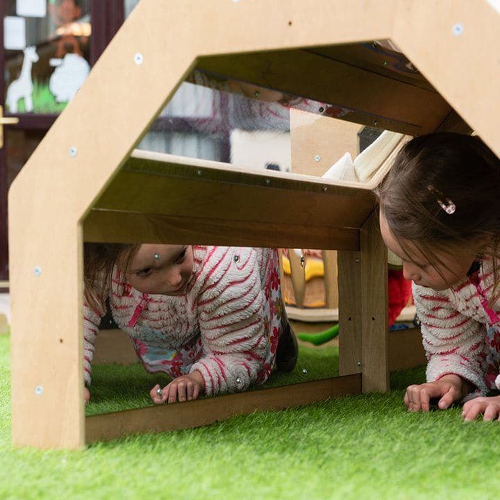 Discovery Tunnel, Our multi use Wooden Activity Tunnel includes two blackboards, two perspex panels and one mirror panel. Perfect for younger children with just enough challenge when crawling under or over. The Wooden Activity Tunnel is made from a material called Duraply. This is an ultra-durable panel for outdoor use in the most demanding conditions. It is lightweight, heat resistant and has increased biological durability meaning it does not require any treatment when left outside, unlike wood. The tunne