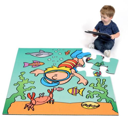 Diver Jumbo Puzzle, Giant Square puzzle depicting a diver exploring the seabed. Made from tough hard-wearing Polyester, this Jumbo Puzzle is the perfect addition to any play or educational setting encouraging discussion on topics such as the Ocean, nature, habitats and the environment. Help children develop key formative skills whilst stimulating their imagination. Jumbo Puzzle Range Diver print Square design Encourages inclusive play Aids discussion on several topics; Nature, The Ocean, Habitats, Fish & th