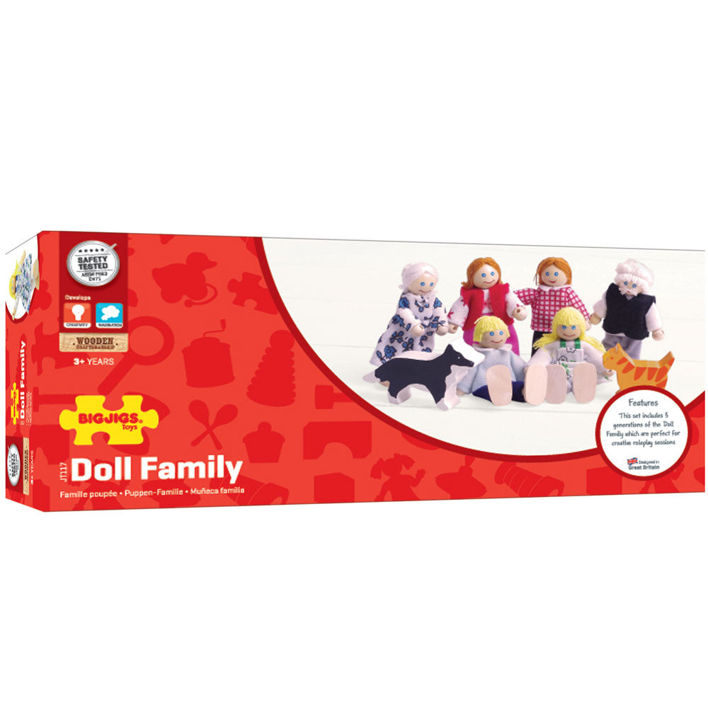 Doll Family, A four piece wooden Doll Family ready and waiting for all of the adventures little ones have in store for them! With flexible, poseable arms and legs, each of the figures can stand or sit, and this means that no playtime adventure is out of bounds! Set includes Mum, Dad and their two children (a Son and Daughter) who are all eager to move into a new home. A great addition to any wooden dollhouse or our Small World Playsets. A great way to encourage imaginative storytelling and creative play. De