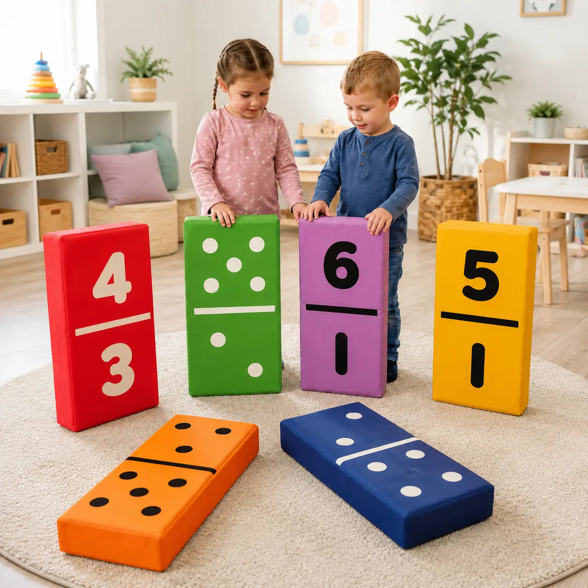 Dominoes Set of 6 giant foam number and dot dominoes with two children in a modern nursery activity room