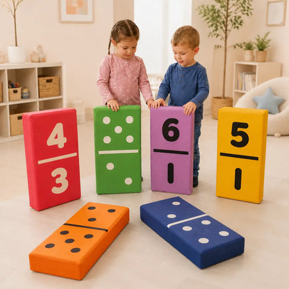 Dominoes Set of 6 giant foam number and dot dominoes with two children in a calm sensory learning room