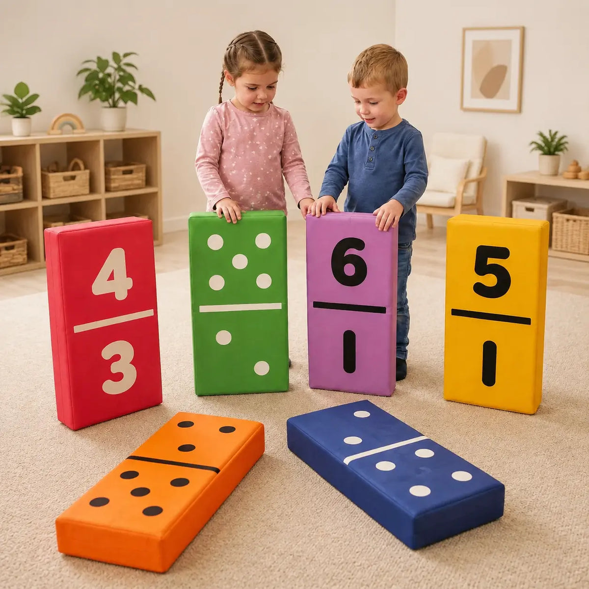 Dominoes Set of 6 giant foam number and dot dominoes with two children in a neutral educational studio