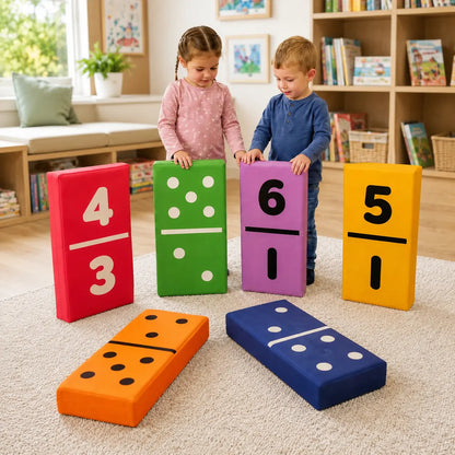 Dominoes Set of 6 giant foam number and dot dominoes with two children in a school reading corner