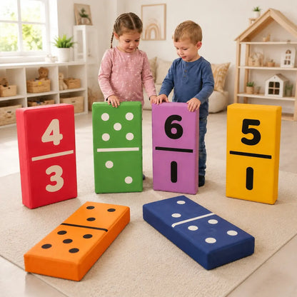 Dominoes Set of 6 giant foam number and dot dominoes with two children in a home playroom