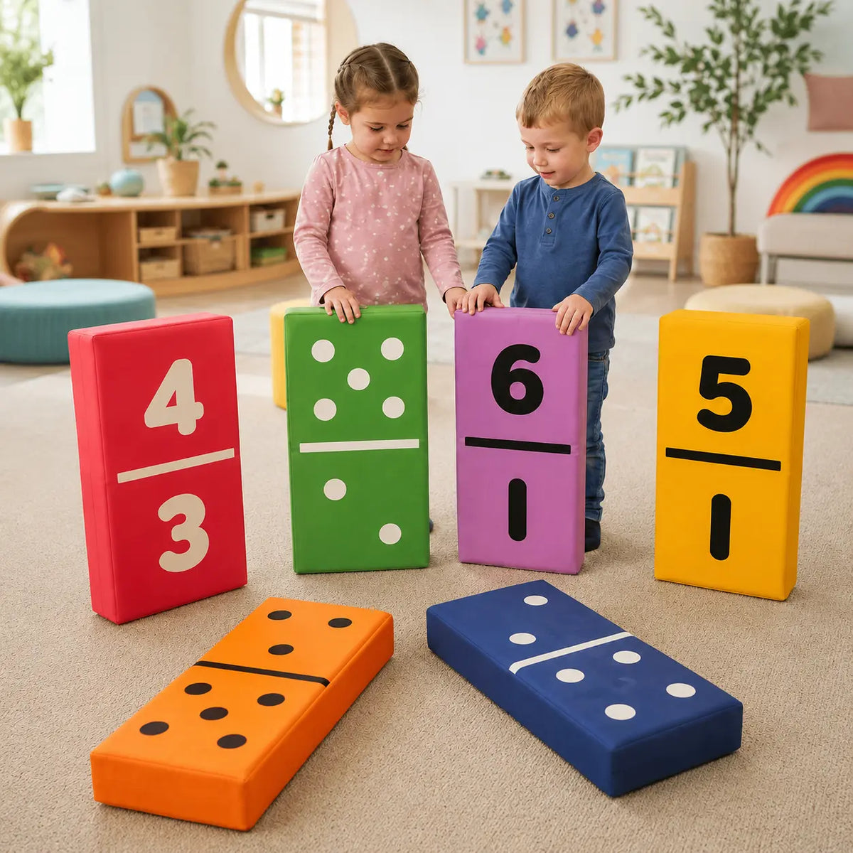 Dominoes Set of 6 giant foam number and dot dominoes with two children in a inclusive learning space