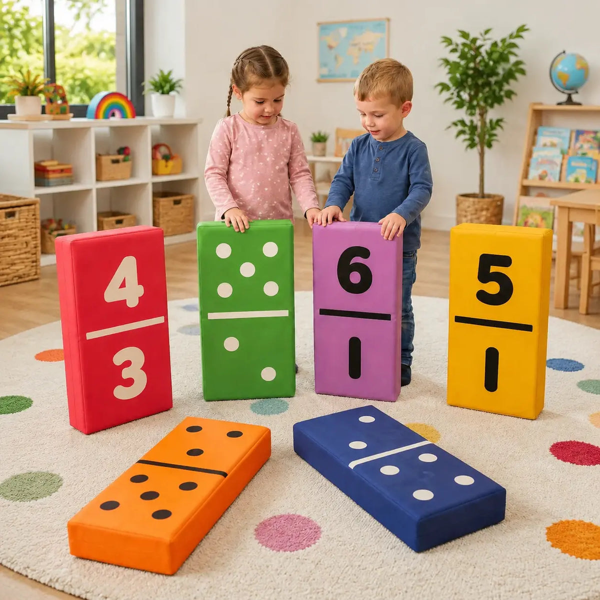 Dominoes Set of 6 giant foam number and dot dominoes with two children in a modern classroom