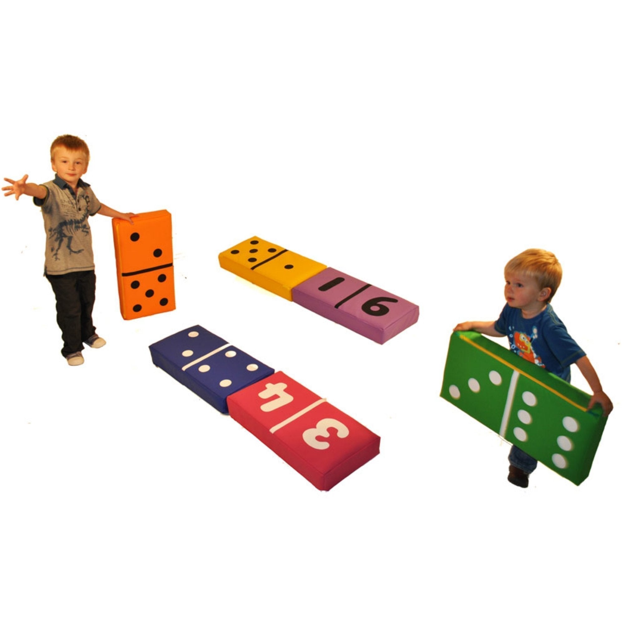 Dominoes Set of 6, The Soft Play Dominoes Set of 6 offers a versatile and educational play experience for children, with benefits that extend beyond traditional game play. Dominoes Set of 6 Features: Dual-Purpose Design: One side of each domino features numerical representations, while the opposite side shows the traditional domino dots. This allows for a variety of learning and play activities. Educational Benefits: The set aids in the development of early number skills, pattern recognition, and logical th