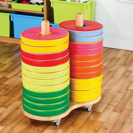 Donut Multi-Seat Trolley with 24 Cushions, This Donut Multi-Seat Trolley with 24 Cushions contains 24 brightly coloured floor cushions (included). These Donut Multi-Seat Trolley with 24 Cushions are classroom essentials which are ideal for group reading/teaching activities, allowing easy and mobile storage that can be stowed away when not in use. Handmade solid wood trolley with durable castors for easier moving. Cushions made from high quality vinyl, double stitched for strength and are easy to wipe clean.