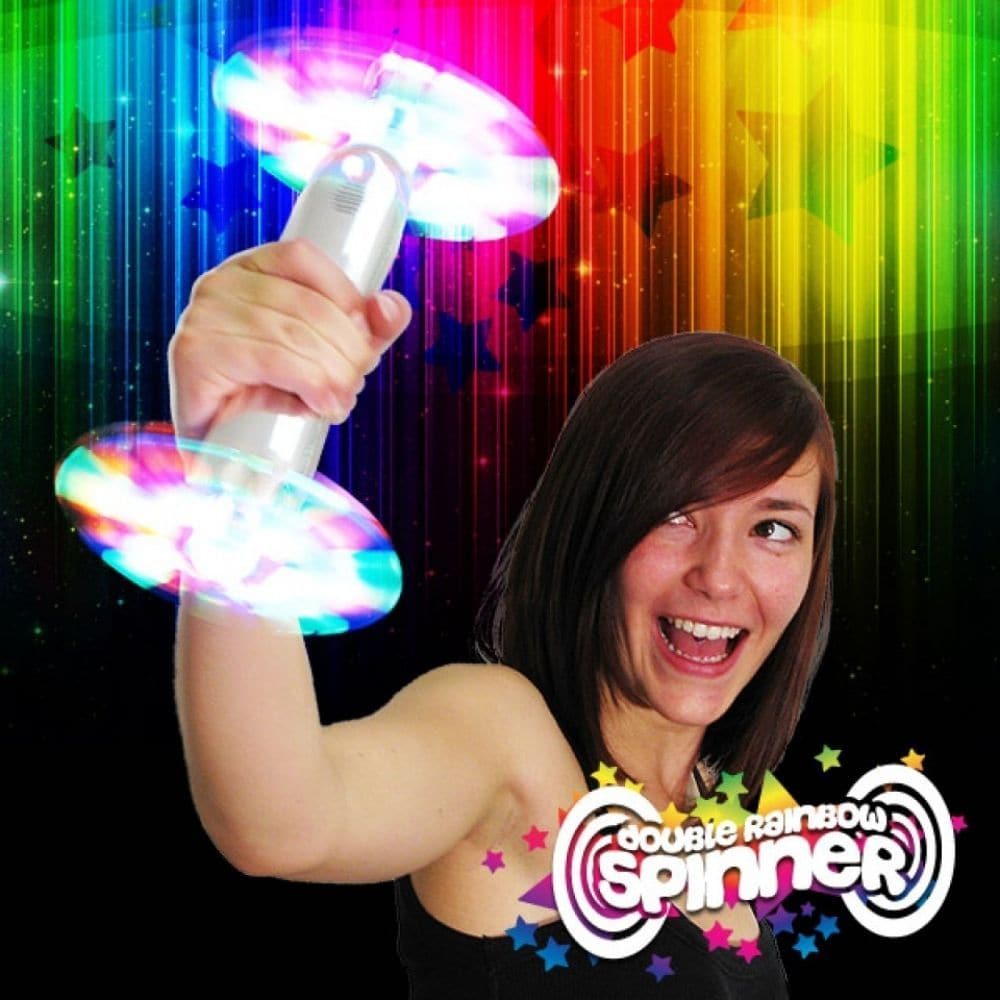 Double Rainbow Spinner, The amazing Double Rainbow Spinner ! Double the flash effect with this great new & exclusive flashing novelty. The Double Rainbow Spinner has a shiny chrome effect handle with 2 whirring pattern changing rainbows at each end! The Double Rainbow Spinner is a fantastic product and very safe as the rainbow spinning wands blades are made of touch safe foam which means when a child touches the spin effect the wand will stop spinning. Double Rainbow Spinner The Double Rainbow Spinner is su