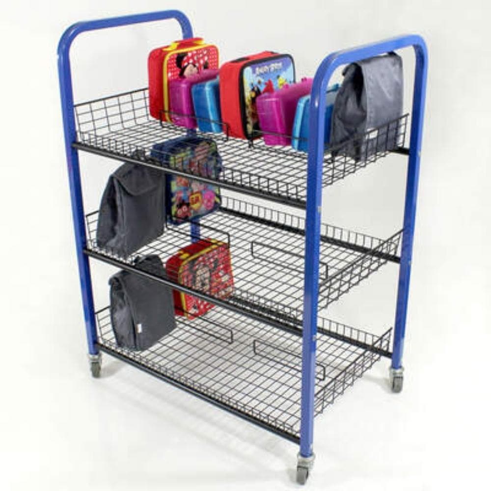 Double Sided Lunchbox Trolley, Sturdy double sided lunchbox trolley holds approx 40 lunch boxes The Double Sided Lunchbox Trolley has a strong welded steel frame design with robust castors meaning that this Double Sided Lunchbox Trolley is perfect for all school settings and early years setttings. The Double Sided Lunchbox Trolley is suitable for heavy duty use in a school setting. Strong, welded steel design for stability Features two large handles for manoeuvring Capacity: 40 x average size lunch boxes Su