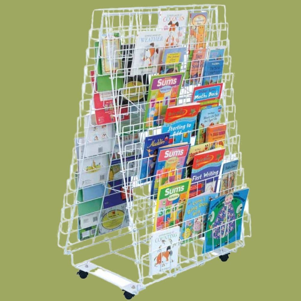 Double Sided Mobile Book Rack, This Double Sided Mobile Book Rack is made of plastic coated wire and measures 60 (W) x 90 (H) cm. The Double Sided Mobile Book Rack is the ideal height for students and teachers to view and select books. Being lightweight, the Portable Classroom Double Sided Mobile Book Rack can be moved from classroom to classroom or even to the library, offering flexible learning environments around the school. Illustrated books not included. Assembly not required. Double Sided Mobile Book 