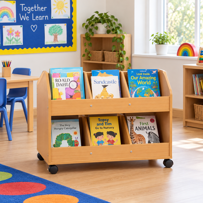 Double Sided Mobile Classroom Organiser in a bright early years classroom – view 2