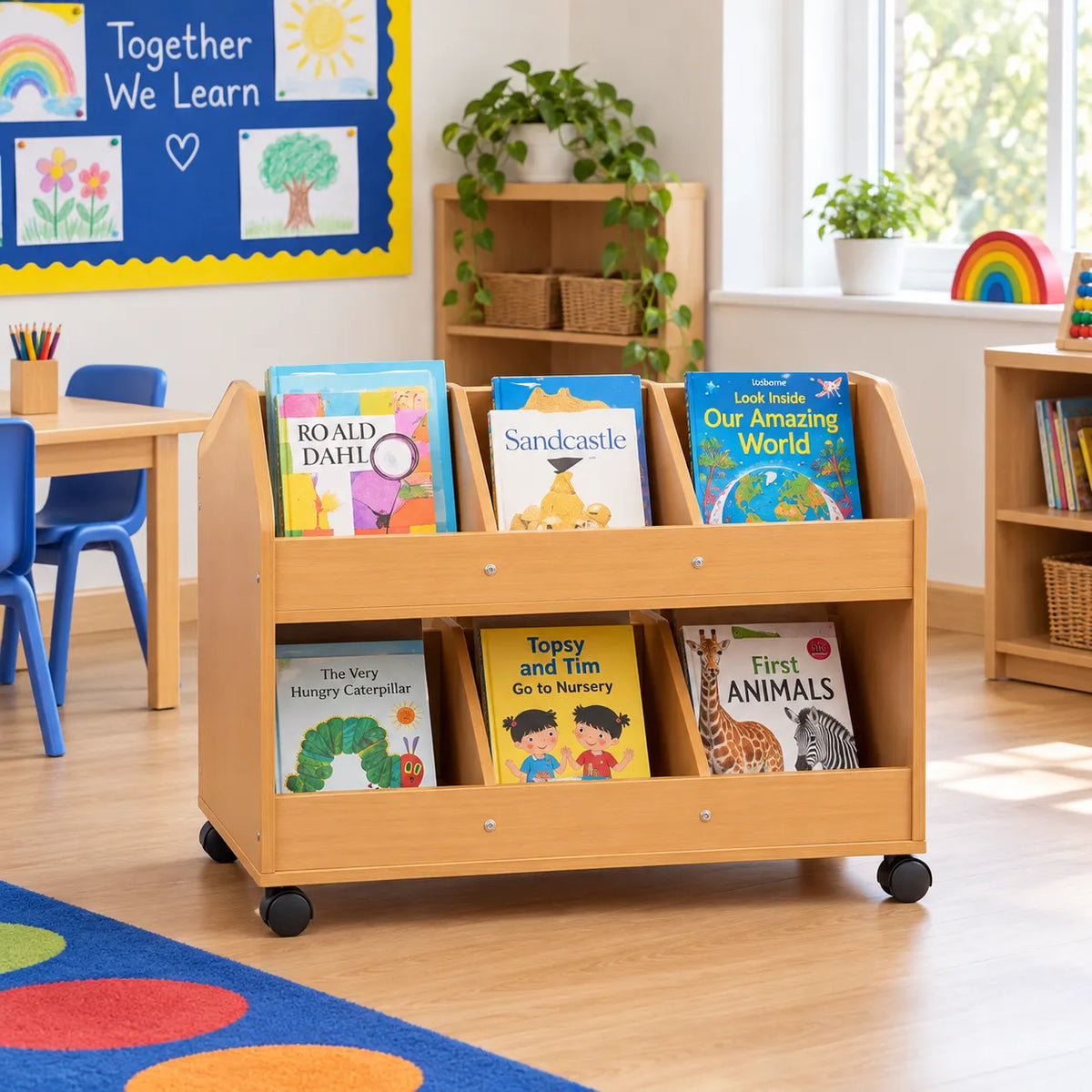 Double Sided Mobile Classroom Organiser in a bright early years classroom – view 2
