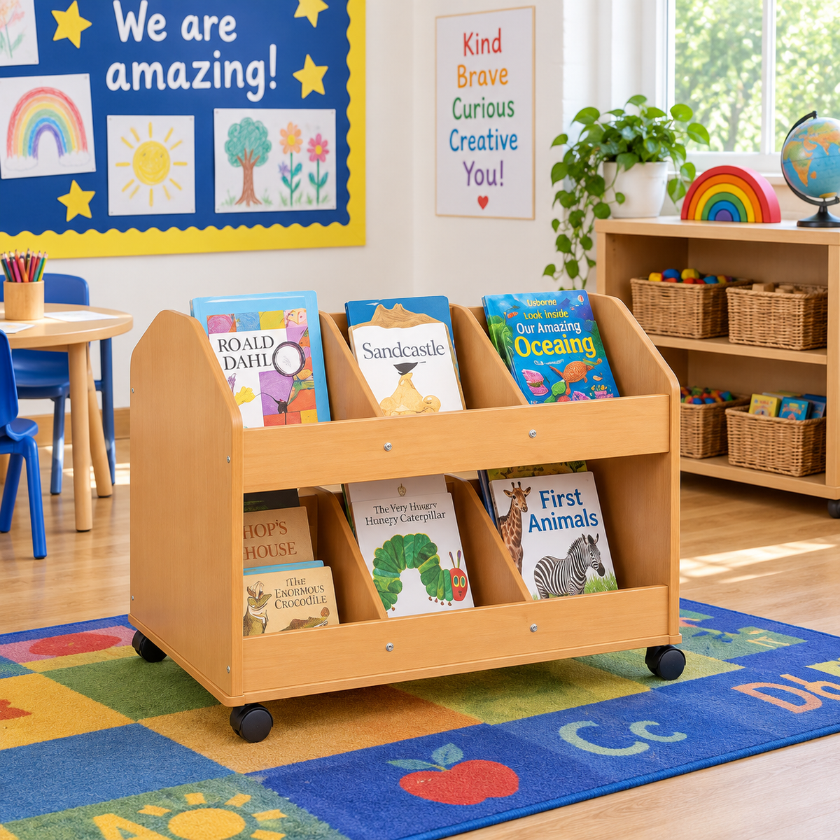 Double Sided Mobile Classroom Organiser in a bright early years classroom – view 3