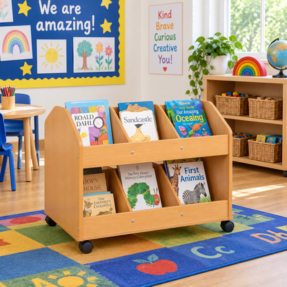 Double Sided Mobile Classroom Organiser in a bright early years classroom – view 3