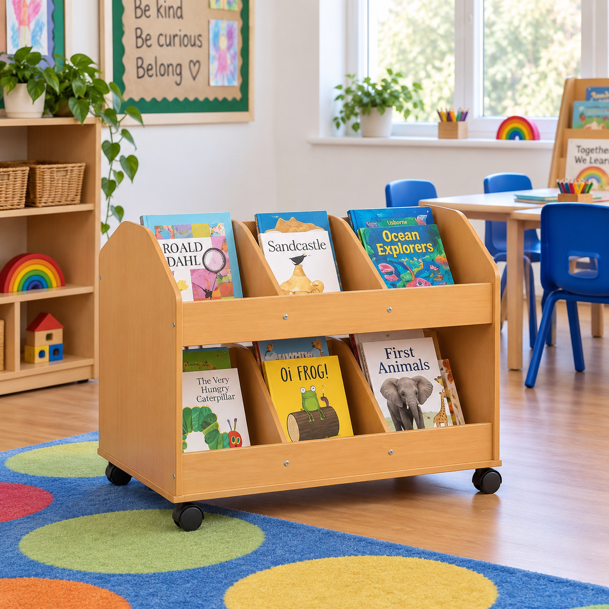 Double Sided Mobile Classroom Organiser in a bright early years classroom – view 4