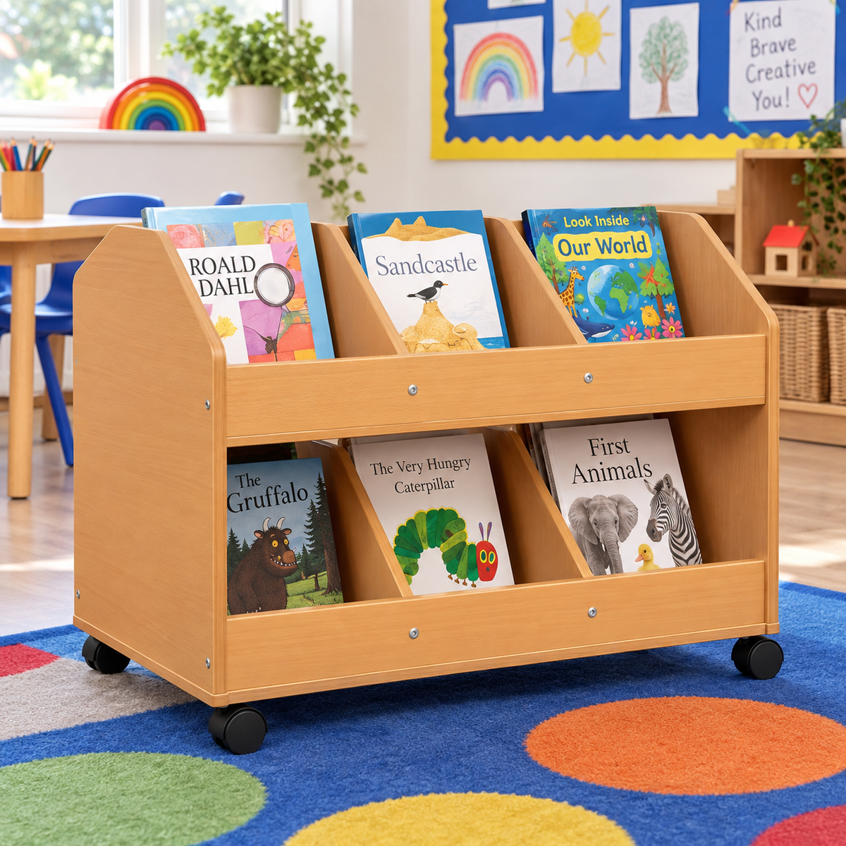 Double Sided Mobile Classroom Organiser in a bright early years classroom – view 5