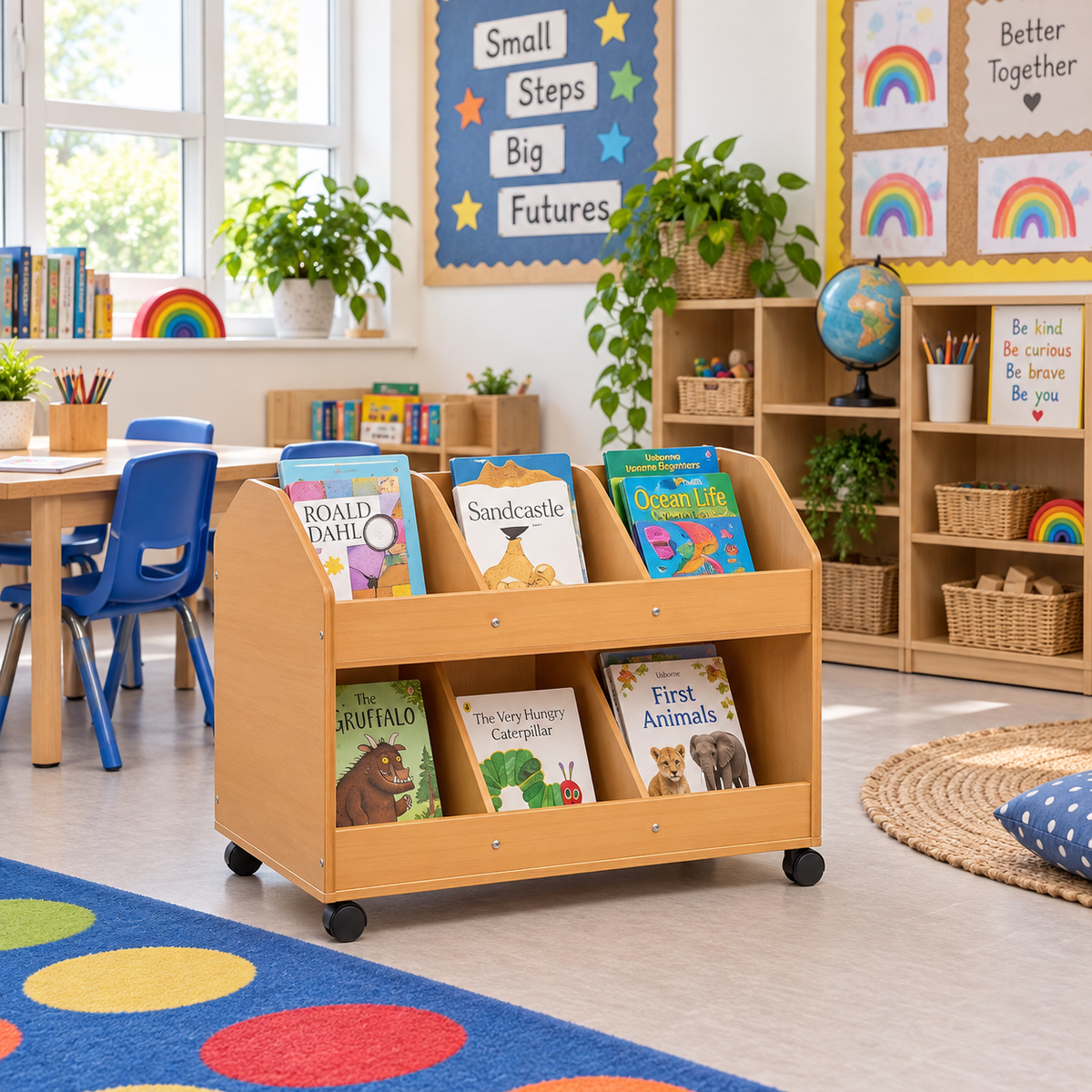 Double Sided Mobile Classroom Organiser in a bright early years classroom – view 8