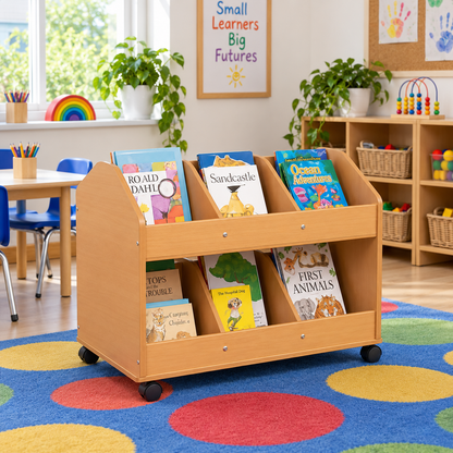 Double Sided Mobile Classroom Organiser in a bright early years classroom – view 1